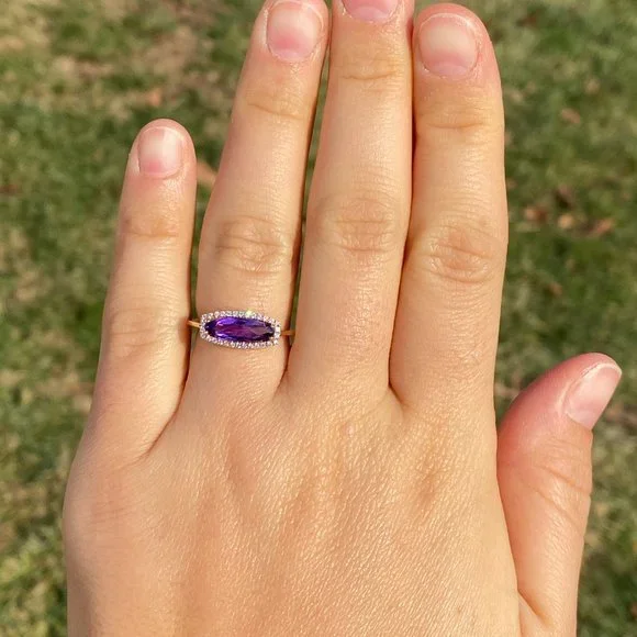Contemporary Checkerboard Cut Elongated Amethyst and Natural Diamond Halo Ring i